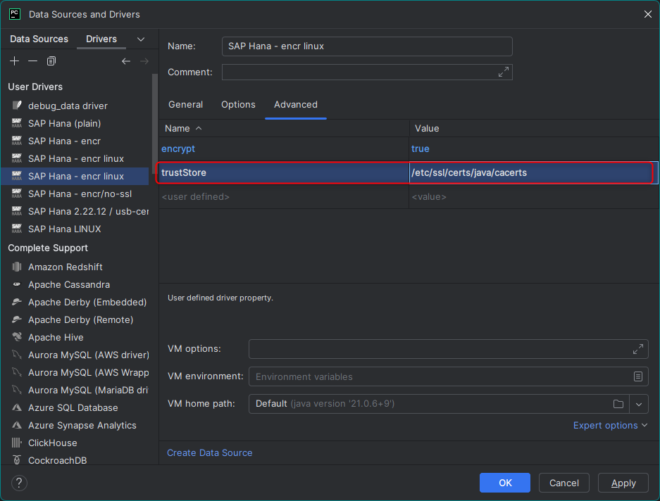 Linux - Jetbrains Data Source Driver Dialog mit Properties